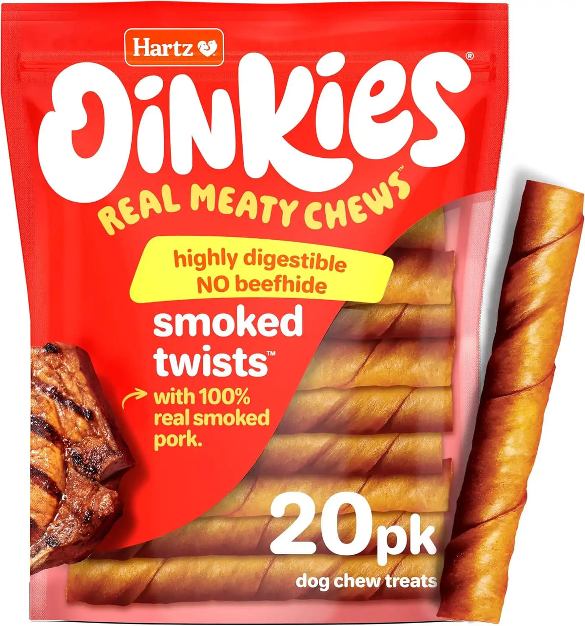 Hartz Oinkies Natural Smoked Pig Skin Twist Dog Treat Chews - 20 Pack