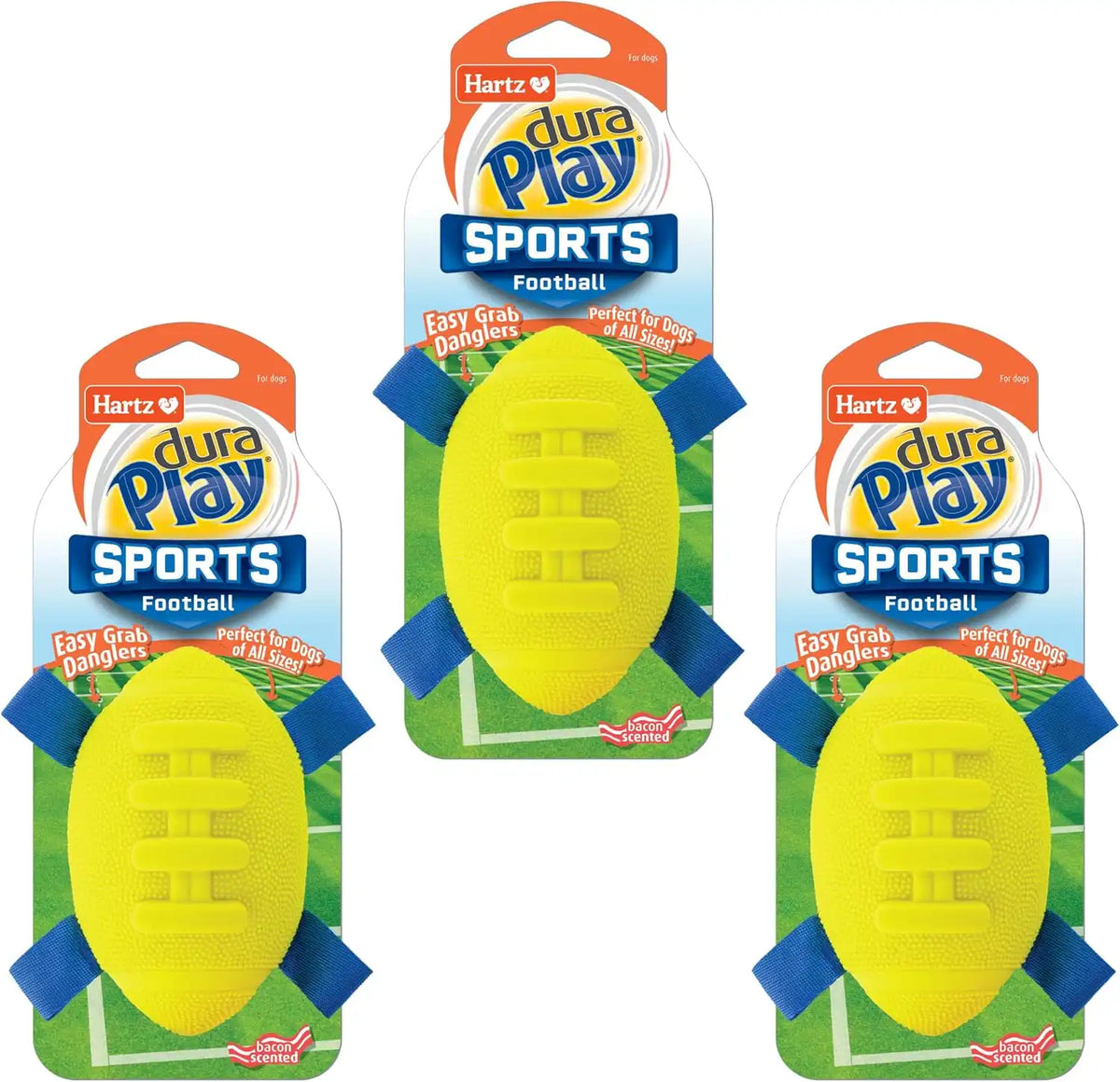 Hartz Dura Play Sports Football Dog Toy, Bacon Scented Squeaky Latex Yellow & Blue Toy, 3 Count