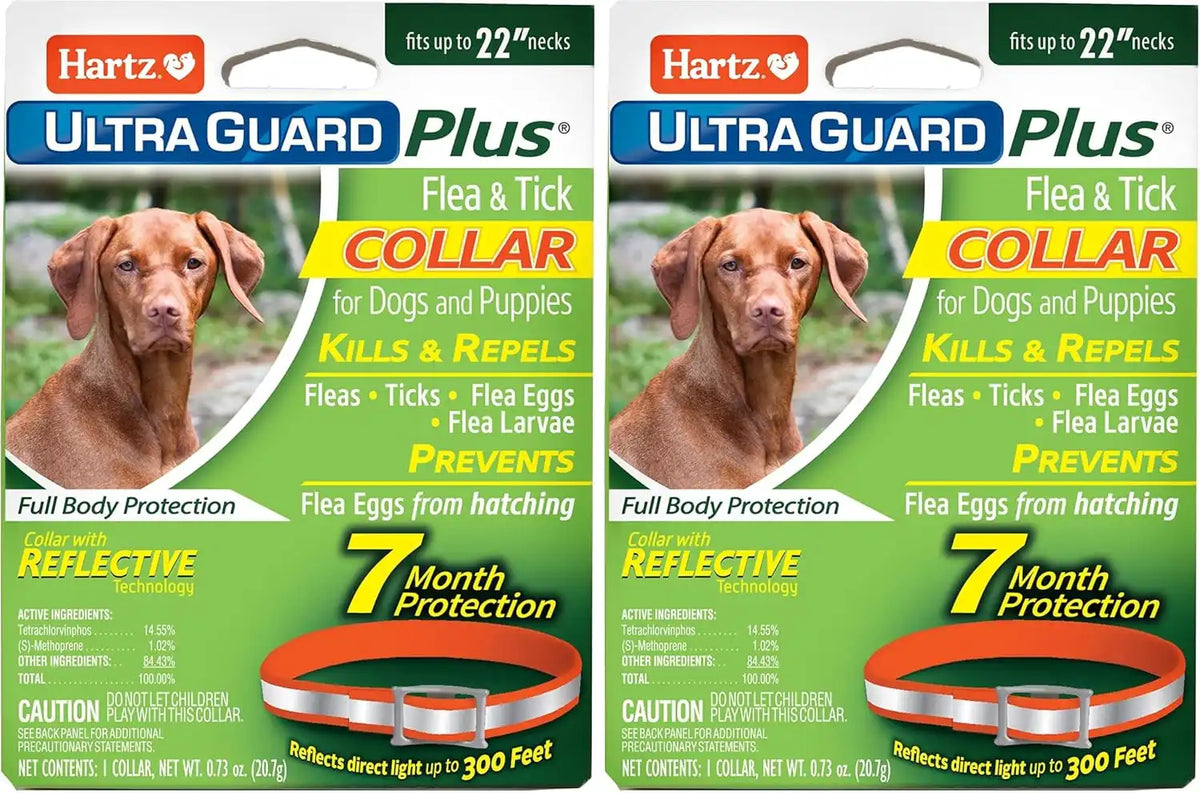 Hartz UltraGuard Plus Flea & Tick Collar for Dogs and Puppies, 7 Month Flea and Tick Prevention and Protection Per Collar, Reflective Orange, up to 22 Inch Neck (Pack of 2)