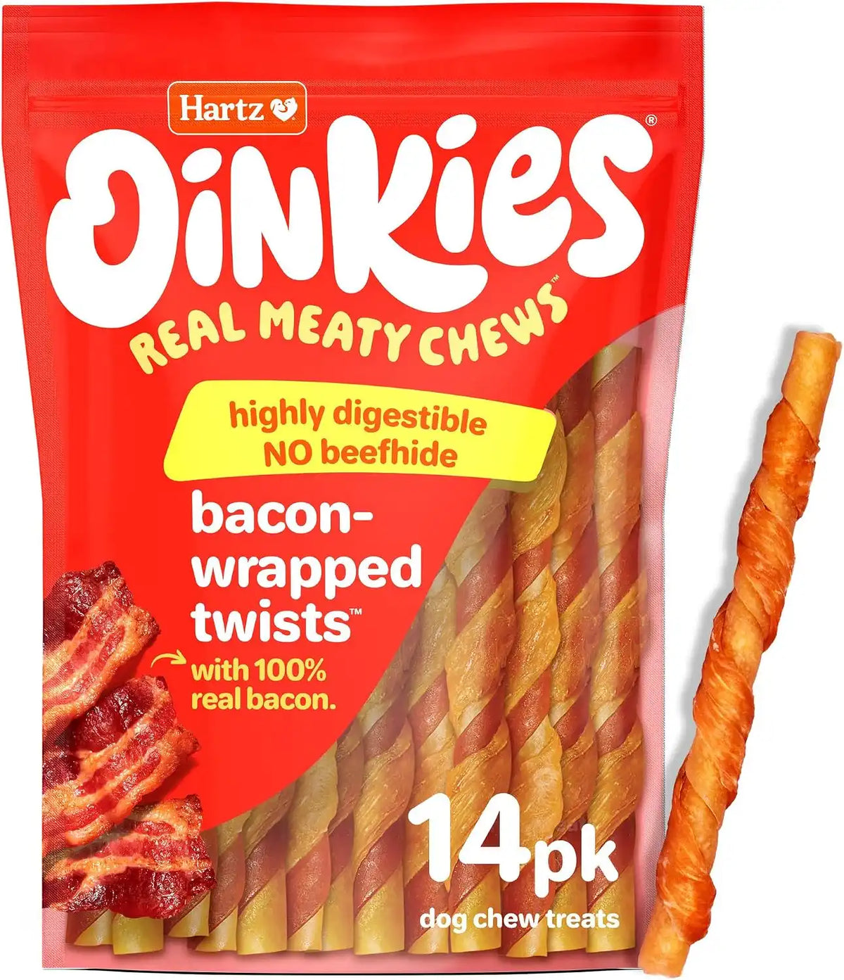 Oinkies Bacon Wrapped Twists, Real Meaty Chews, 14 Count