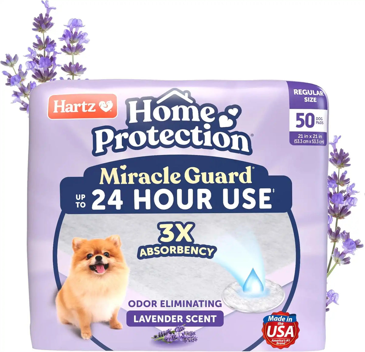 Hartz Miracle Guard Dog and Puppy Dog Pads Max Absorbency 24 Hour Use Odor Eliminating Lavender Scented No Leaks, Regular Size 50 Count