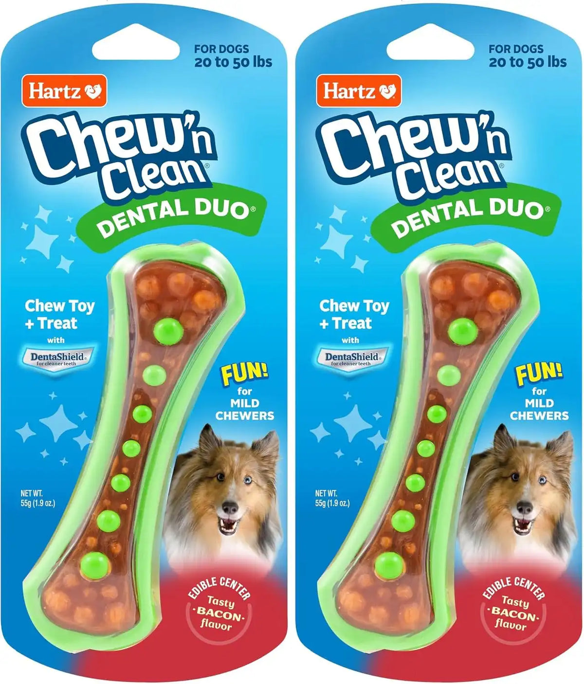 Hartz Chew 'n Clean Dental Duo Bacon Flavored Dog Chew Toy - 1 Count(Pack of 2),Medium