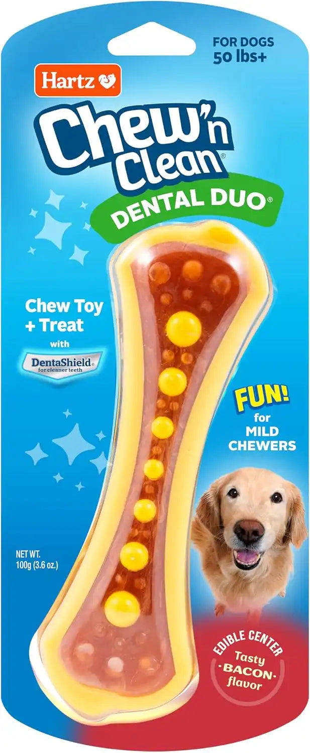Hartz Chew 'n Clean Dental Duo Bacon Flavored Dental Dog Chew Toy and Treat - Large, Colors may vary