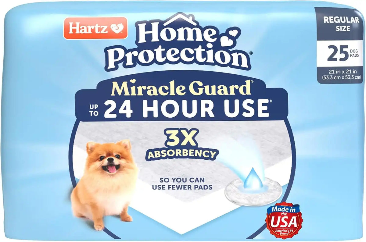 Hartz Miracle Guard Dog and Puppy Dog Pads Max Absorbency 24 Hour Use Odor Eliminating No Leaks, Regular Size 25 Count
