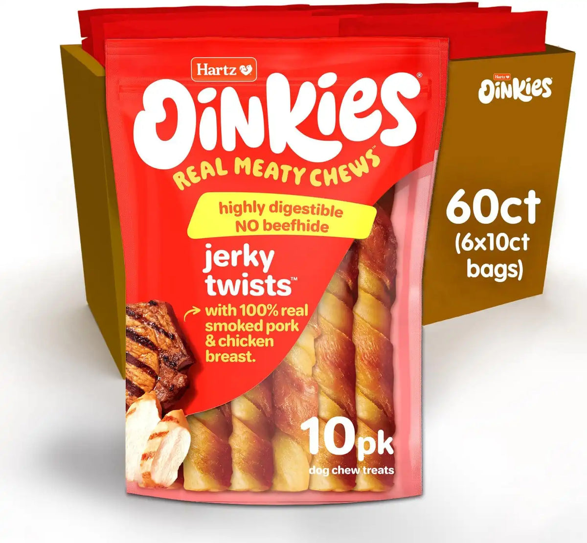 Hartz Oinkies Smoked Pig Skin Chicken Jerky Twists Dog Treats, 10 Count (Pack of 6) (Packaging May Vary)