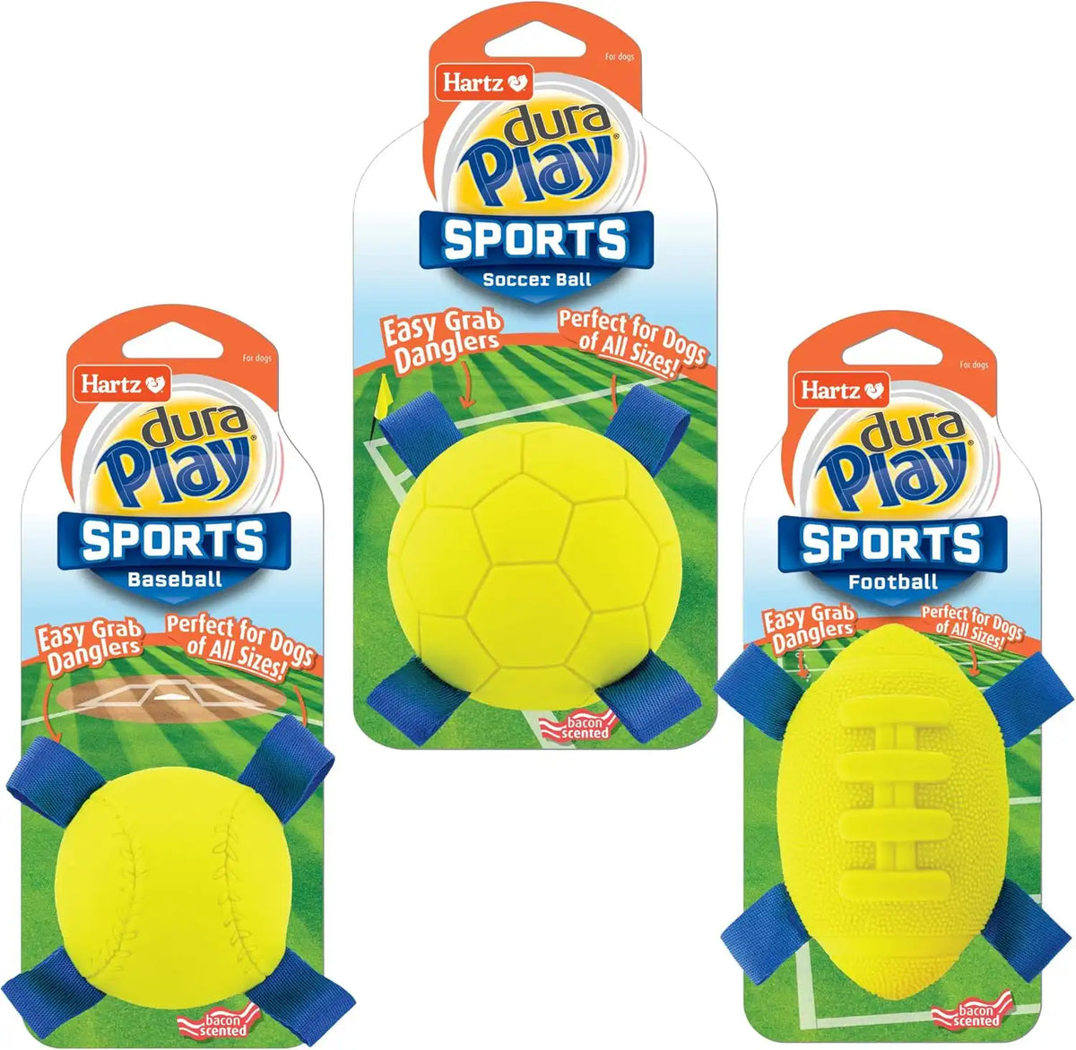 Hartz Dura Play Sports Ball Variety Dog Toy, Bacon Scented Squeaky Latex Yellow & Blue Toy, 3 Count