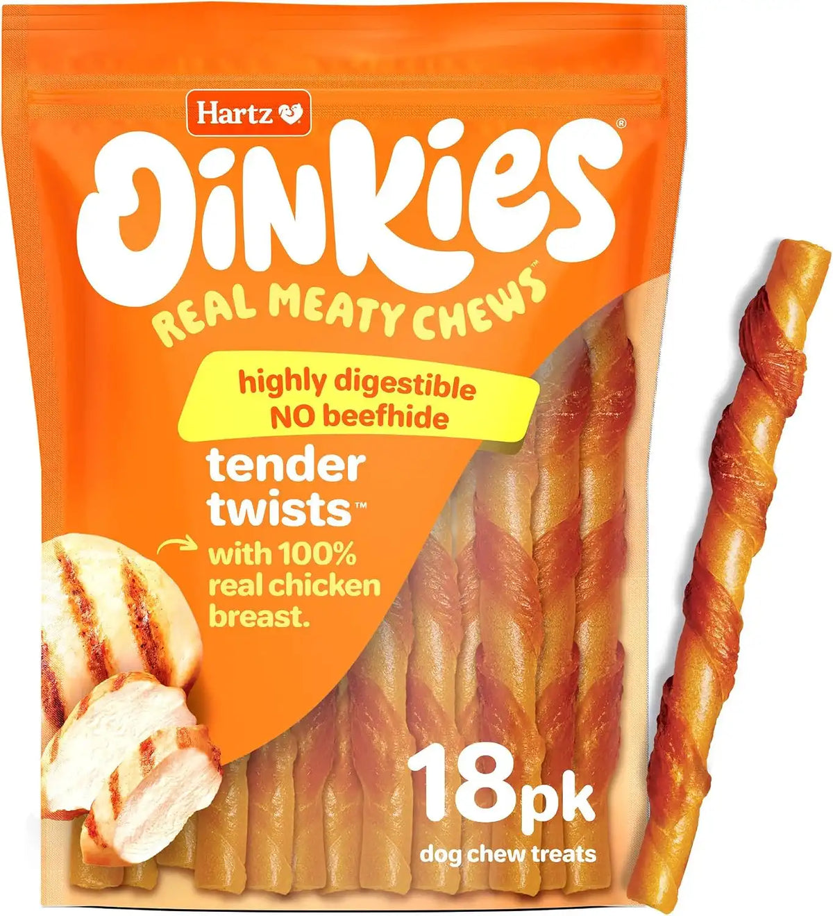 Hartz Oinkies Tender Twists with Real Chicken Breast Rawhide-Free Dog Treats, Highly Digestible Dog Chews, 18 Count (Pack of 6)