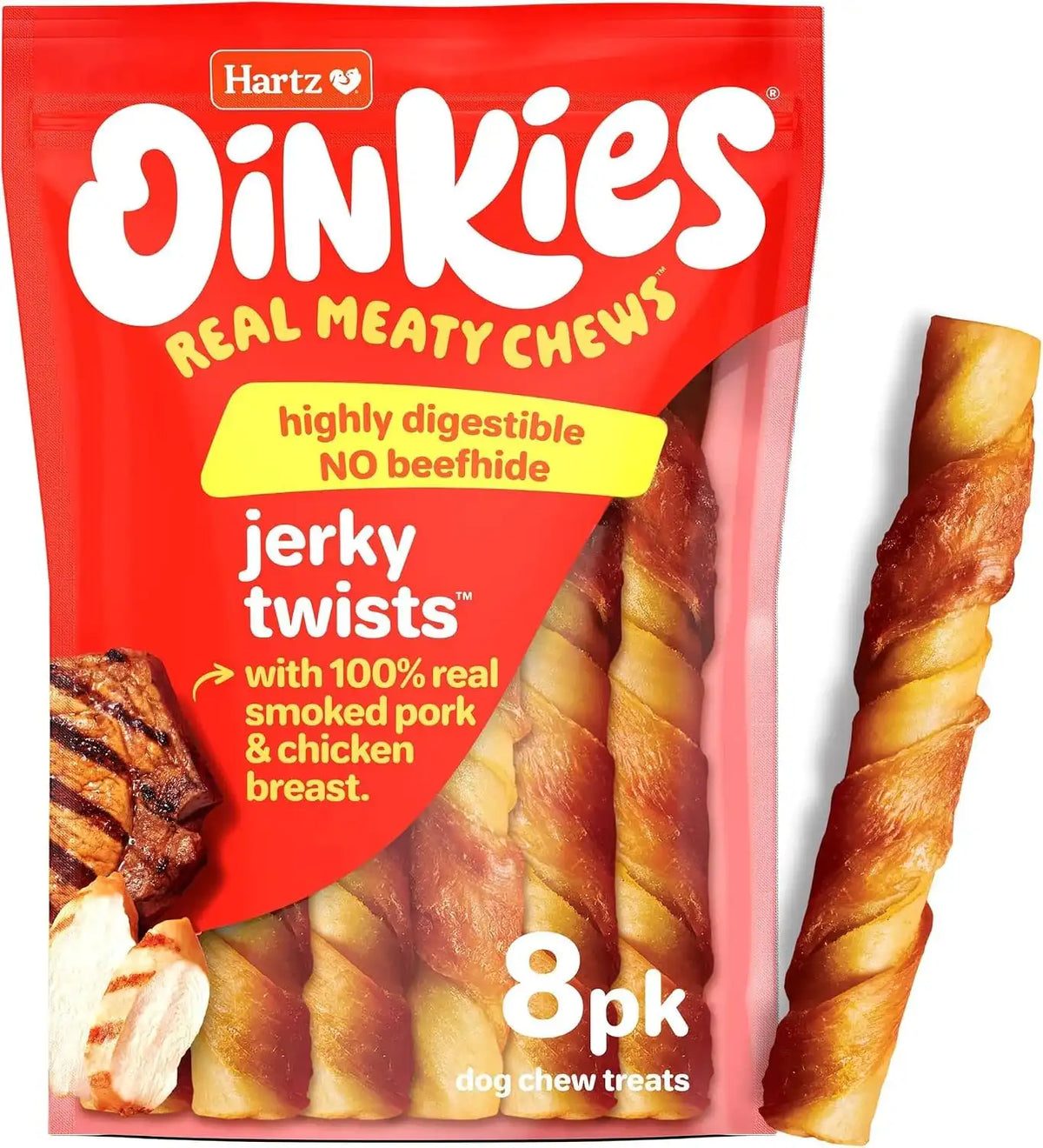 Hartz Oinkies Jerky Twists with Naturally Smoked Pork & Real Chicken Breast Dog Treats, Highly Digestible Long Lasting Dog Chews, 8.2 Ounce (Pack of 12)
