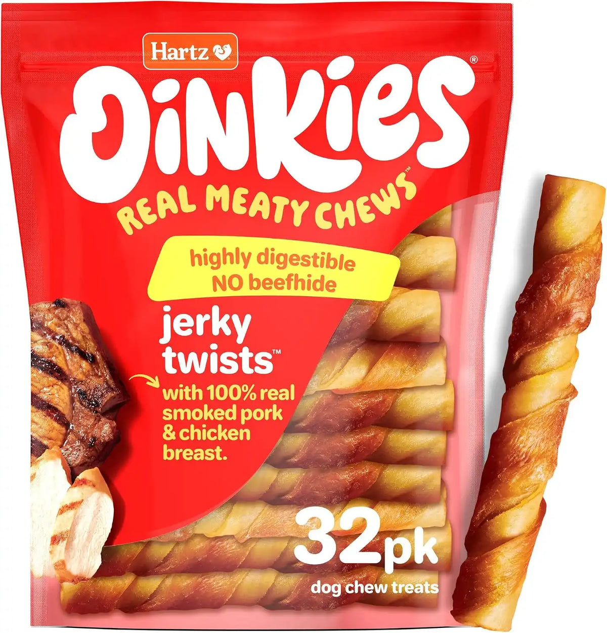 Hartz Oinkies Porkalicious Smoked Jerky Twists Dog Treats, 2.04 Pound, 32 Count (Pack of 6)
