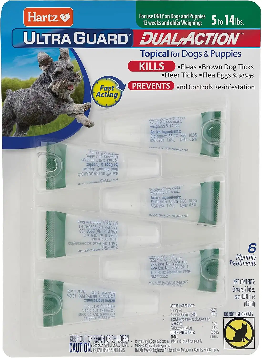 Hartz UltraGuard Dual Action Flea & Tick Topical Dog Treatment and Flea and Tick Prevention, 6 Months, 5-14 Pound Dogs 6-count(Pack of 1)