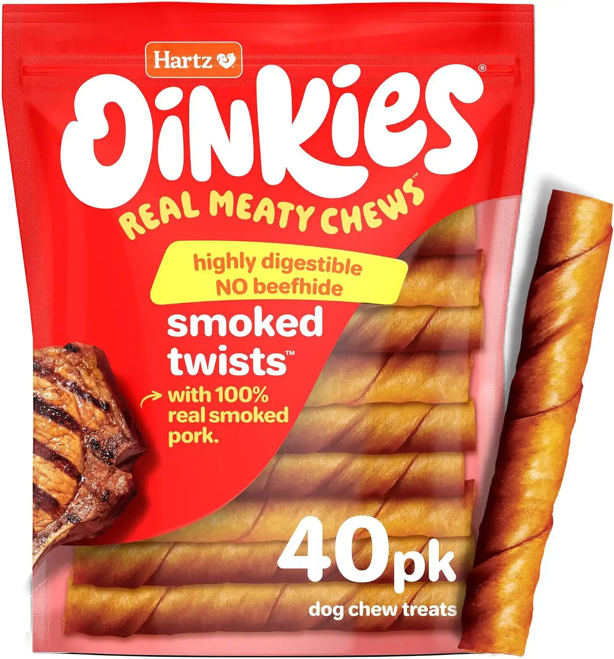 Oinkies Porkalicious Smoked Pig Skin Twists Dog Treats, 40 Count