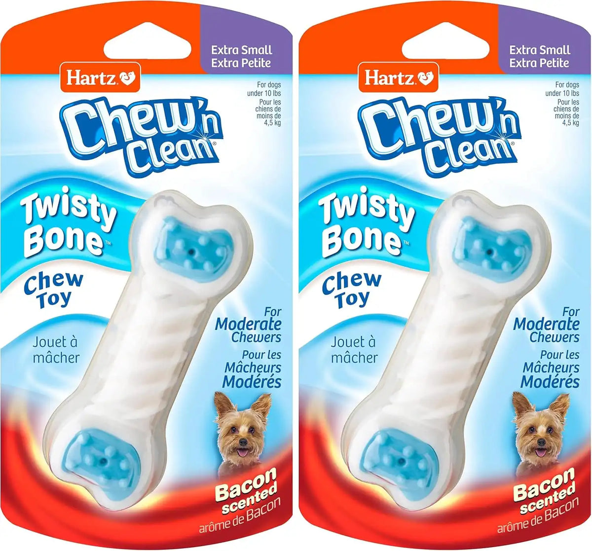 Hartz Chew ‘n Clean Twisty Bone Dog Chew Toy, Bacon Scented for Moderate Chewers, Extra Small (Pack of 2)