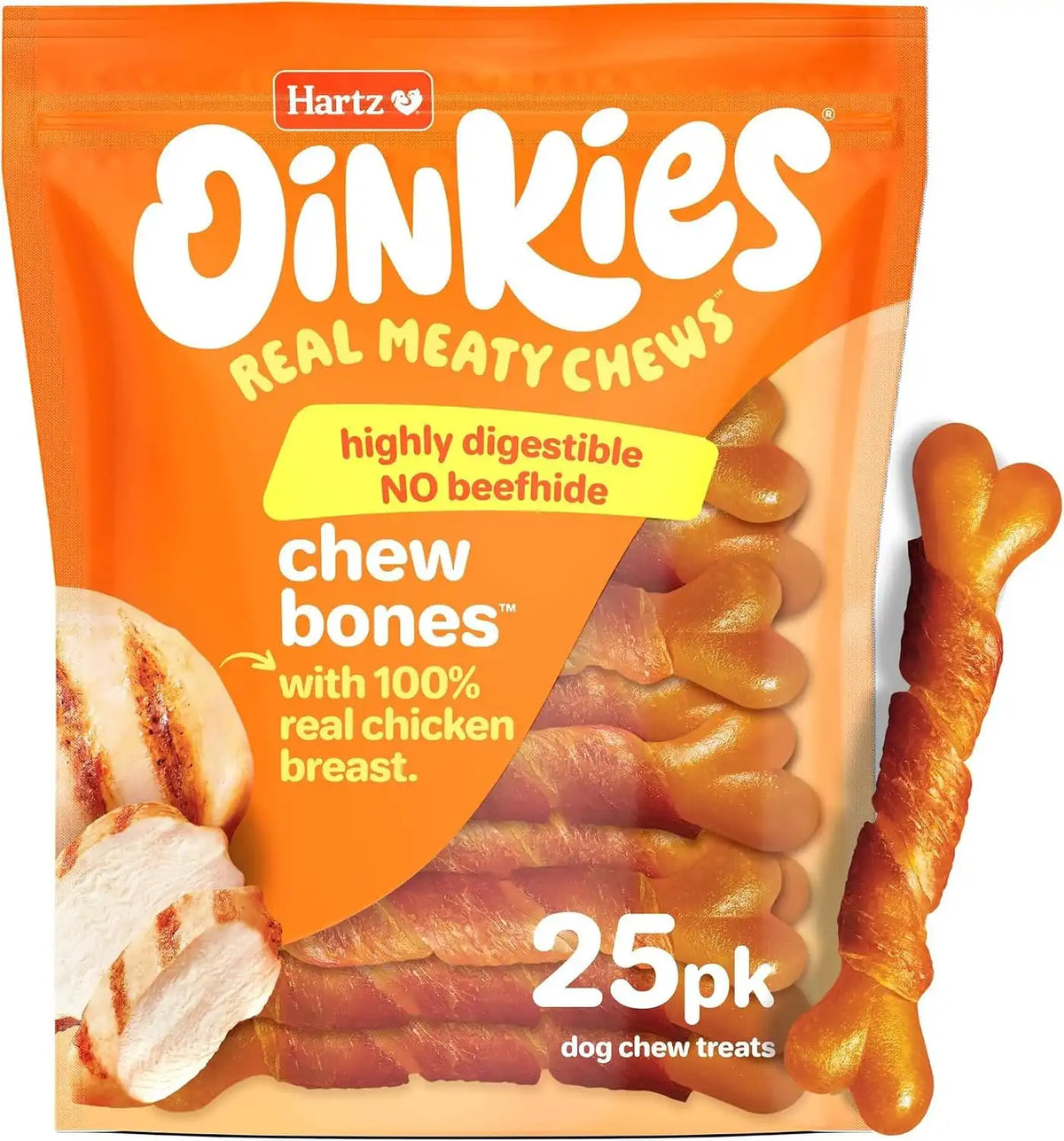 Oinkies Chicken Wrapped Lasting Chew Bone Dog Treats, 25 Count (Pack of 12)