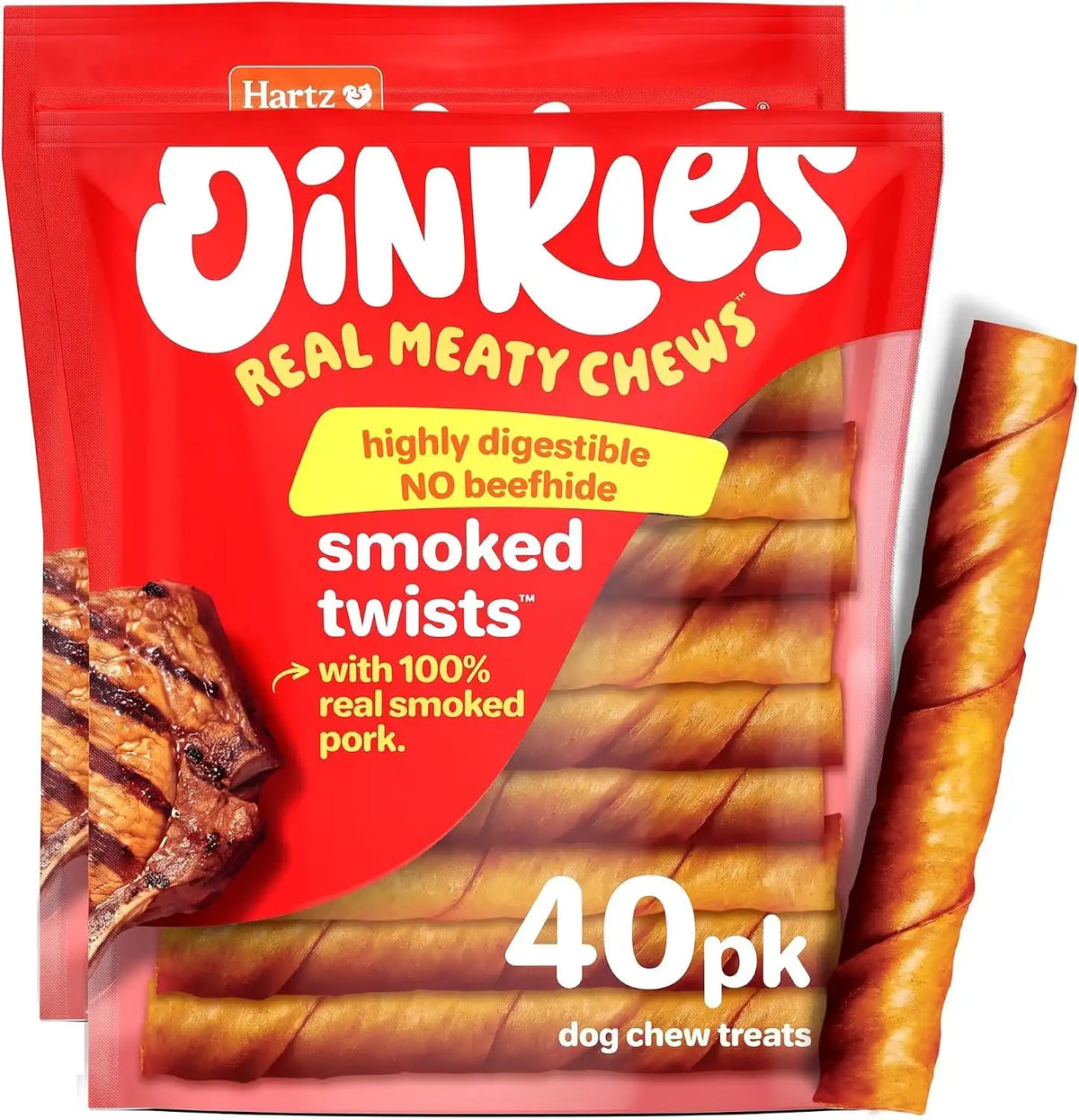 Hartz Oinkies Smoked Twists with Naturally Smoked Pork Rawhide-Free Dog Treats,Highly Digestible Long Lasting Dog Chews,(Pack of 80)